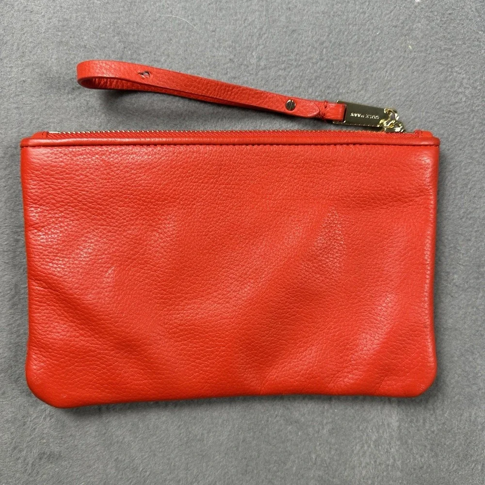 Cole Haan Red Woven Leather Wristlet Clutch Zip Pouch Handbag
